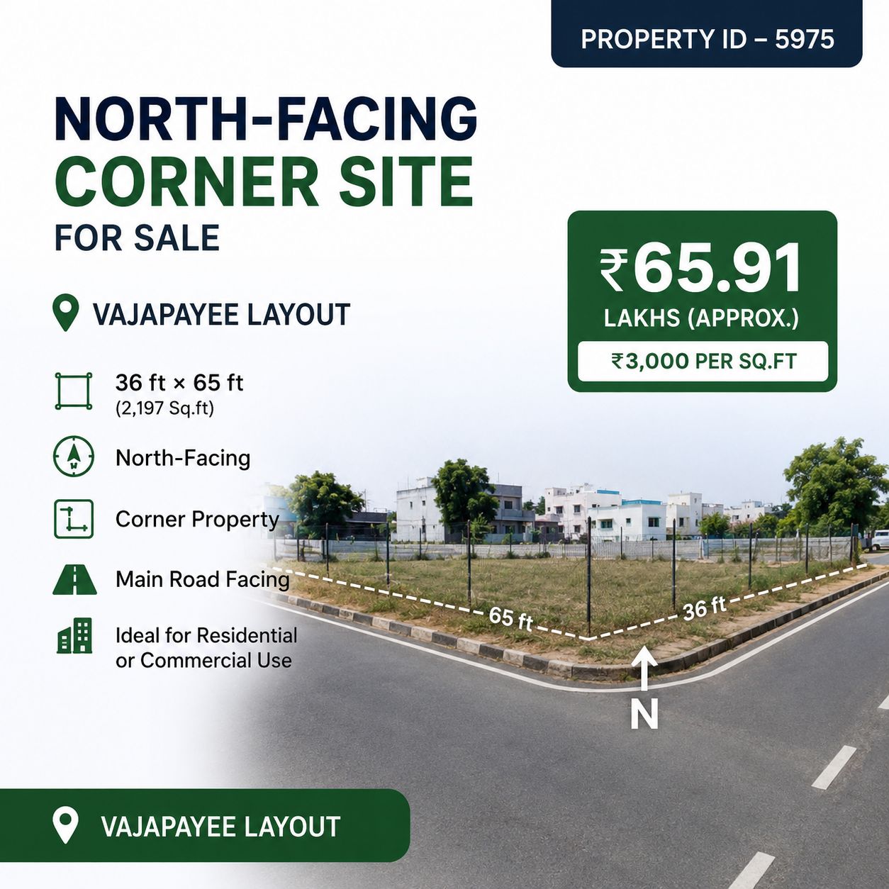 🆔 *PROPERTY ID – 5975* 🏡 *North-Facing Corner Site for Sale – Vajapayee Layout*
